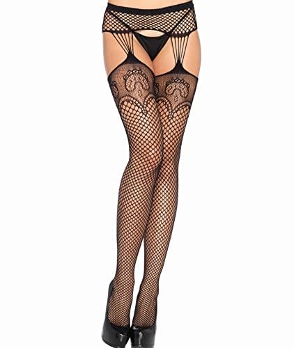 Leg Avenue Women's Lace Top Fishnet Stockings with Attached Garter Belt, Industrial Black, One Size