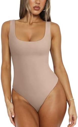 REORIA Bodysuit for Women Scoop Neck Sleeveless Tank Top Bodysuits 2025 Sexy Thong Bodysuit Basic Leotards for Women L