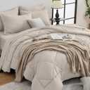 HEVUMYI Beige Tan Queen Comforter Set - 7-Piece All Season Bed in a Bag Queen, Ultra Soft Bedding Set with Comforter, Flat Sheet, Fitted Sheet, Pillowcases, Pillow Shams, Beige Tan