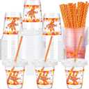 14 oz Maple Leaf Drinking Cups with Straws and Lids, Fall Party Decorations for Thanksgiving and Autumn Parties (60 Sets)
