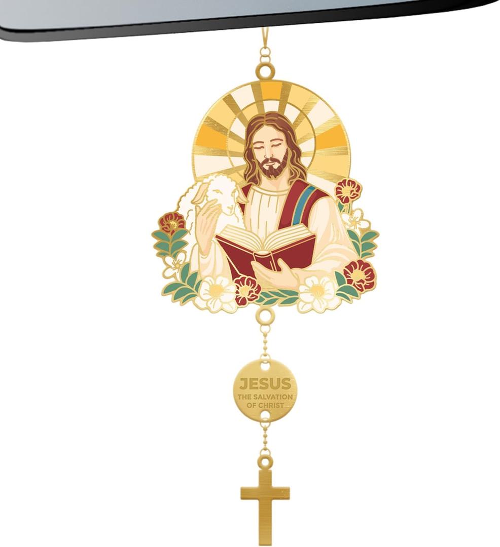 2 x Jesus Car Mirror Hanging Christian Gifts for Men Women, Metal Daily Bible Verse Car Rearview Decor Accessories, Christ Ornament Religious Gift for Truck Driver