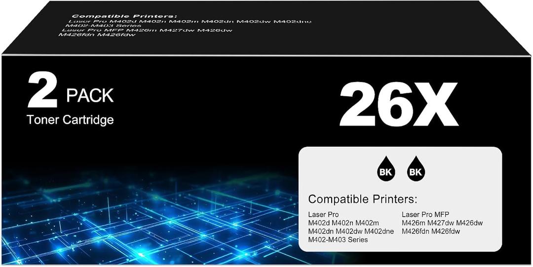 26X Toner Cartridge Black for HP 26X CF226X 26A CF226A Printer Laser Jet Pro M402n M426fdw Toner Cartridges M402dn M402dw M402m M402 Pro MFP M427dw M426dw M426fdn M426, 2 Pack CF226 226X HP26X HP26A