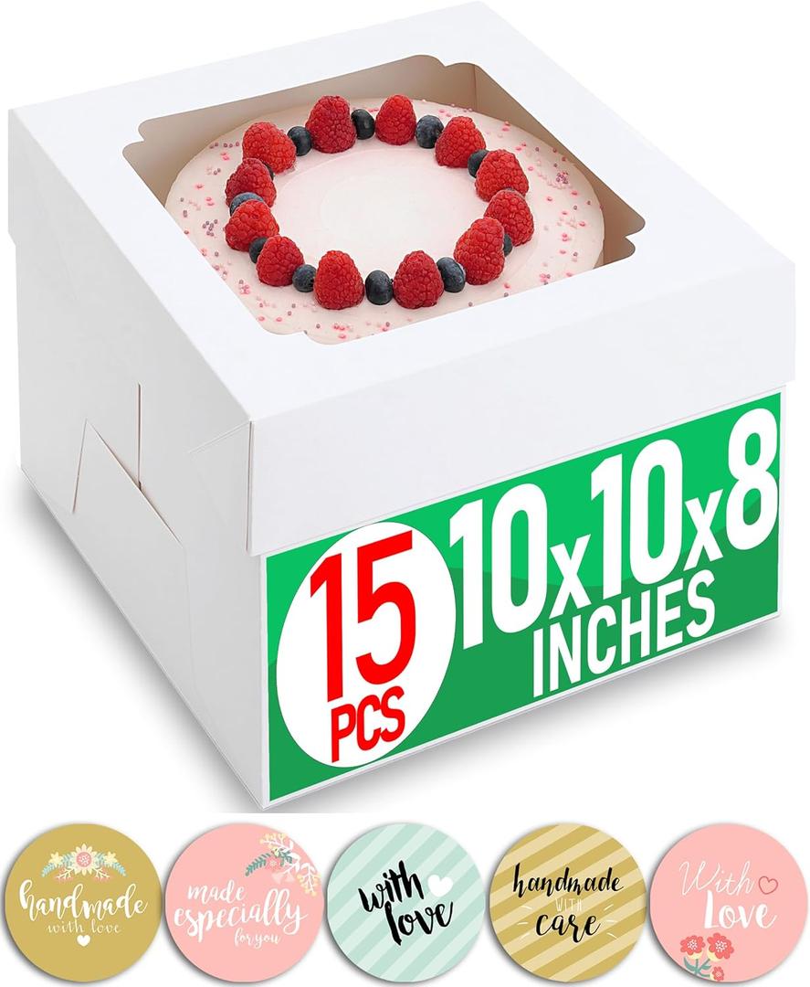 10x10x8 Bulk 15 Pcs Tall Multi-Layer Cake Boxes 10 Inch with Window Clear Bakery Box Square White Large Disposable Pie Boxes Package for Bake Decorating Supplies Pastry Box (80 Pcs Stickers)