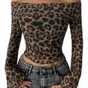 WDIRARA Women's Leopard Off The Shoulder Tops Long Bell Sleeve Tee Shirts Fitted Crop Tops Brown Medium