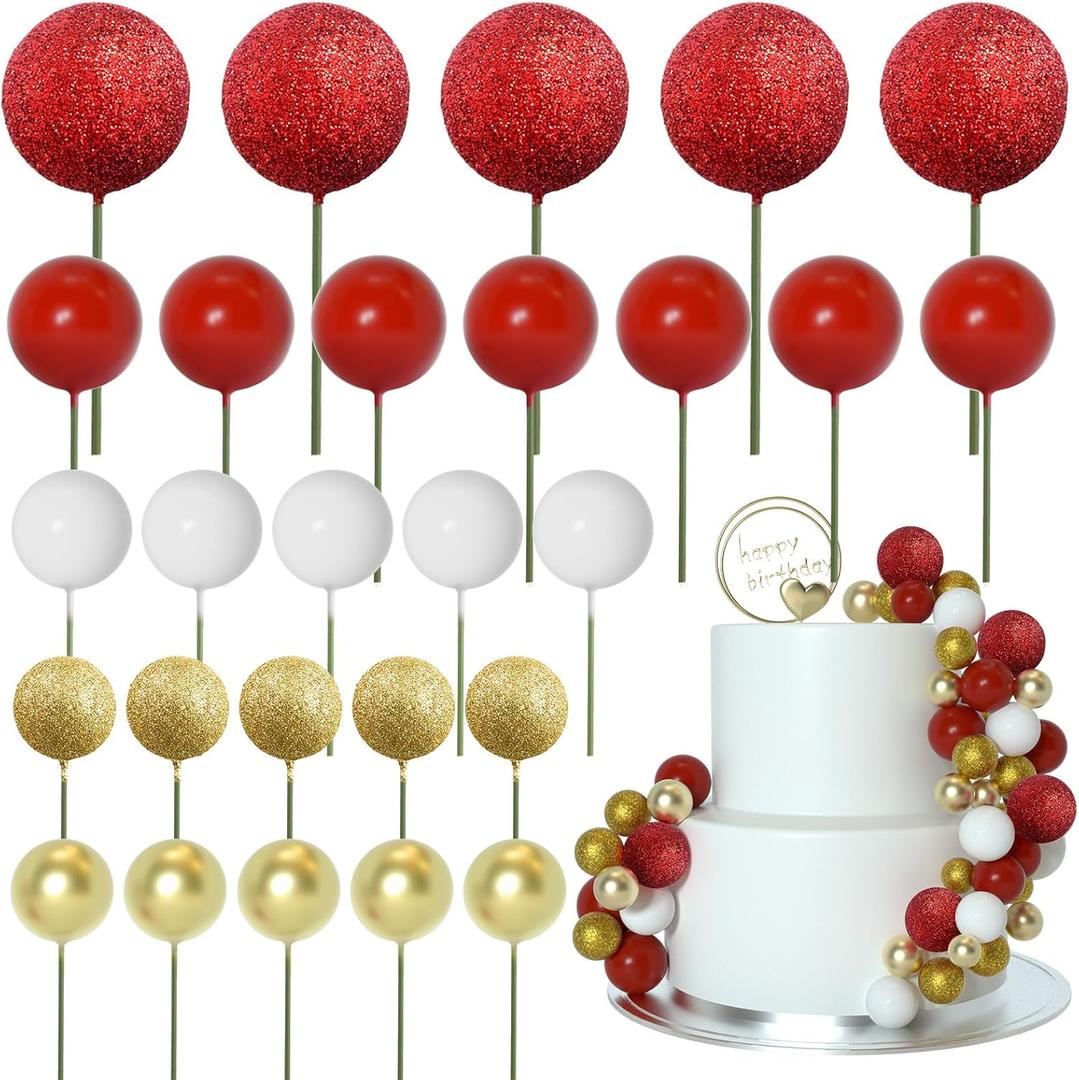 ASTARON 50 Pcs Ball Cake Topper Sticks Mini Balloons for Cake Decorating Supplies Foam Balls for Graduation Cake Birthday Cake Toppers Decorations (GoldRed Series)