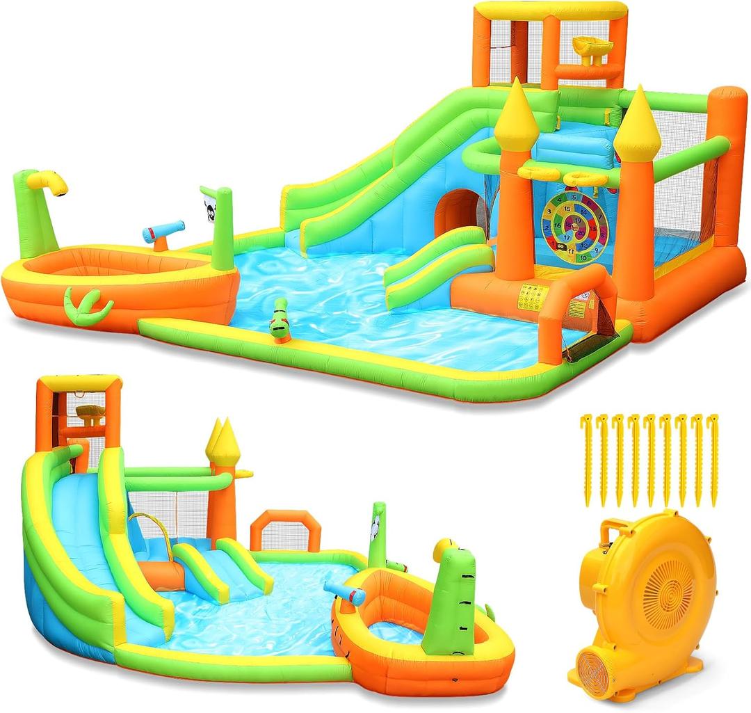 Inflatable Water Slide Park, Large Water Bouncer Castle Fun Bouncy House with Large Pool, Dual Slides, Climbing Wall, Basketball, Soccer, Archery, Toss Game, Easy to Set Up with Air Blower, 225"L x 186"W x 104"H