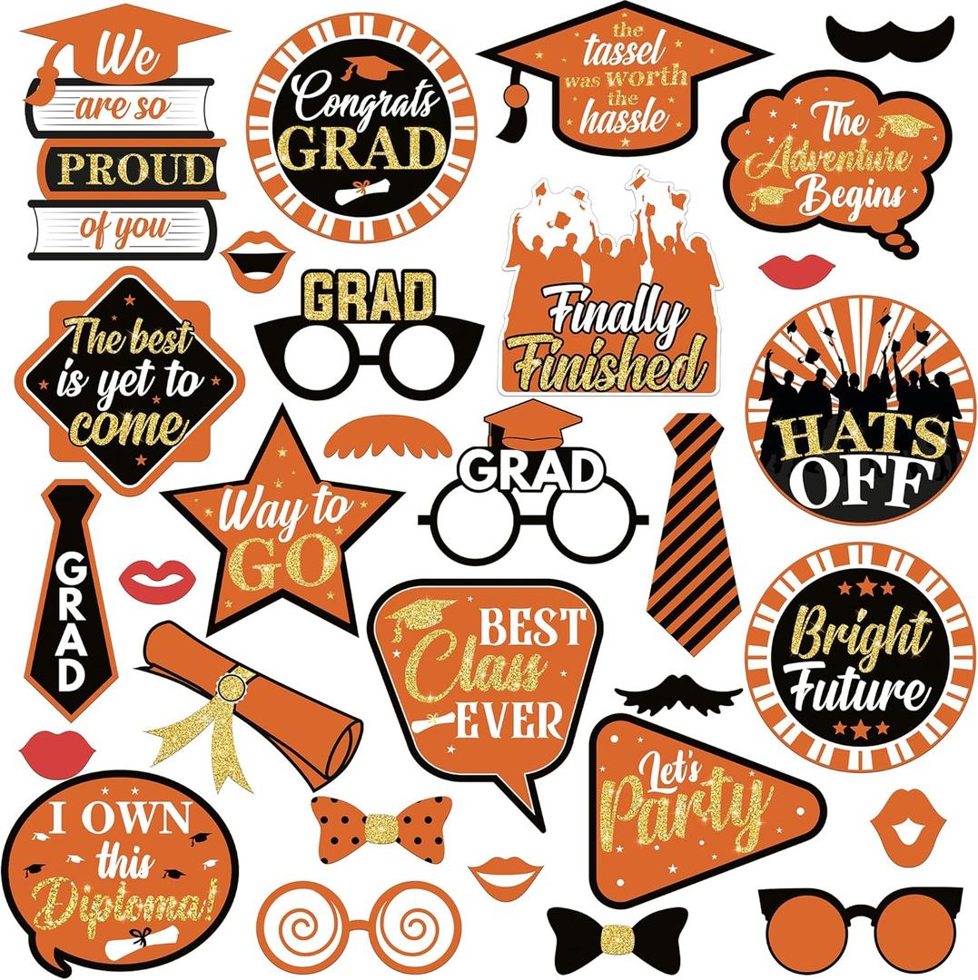 KatchOn, Graduation Photo Booth Props 2025 - Pack of 22 | Orange and Black Grad Photo Props | Grad Decorations Class of 2025 Props | Grad Props 2025 for Graduation Decorations 2025