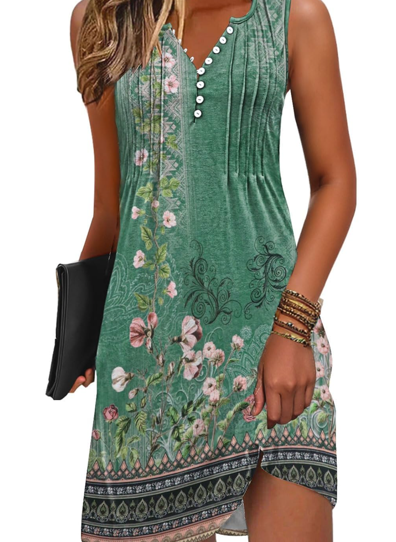 Disamer Beach Dresses for Women 2025 Vacation Swim Cover up V-Neck Summer Dress Button Down Sleeveless Boho Floral Sundress, Size L
