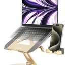 LOXP Ultra-Stable Aluminumy Laptop Stand for Desk with Foldable Phone Holder, 300% Large Base Stability, Anti-Loosening, Lectern Stand Suitable for 10"-17.3" Laptops, Champagne Golden
