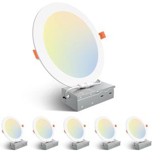 Amico 6 Pack 8 Inch 5CCT Ultra-Thin LED Recessed Ceiling Light with Junction Box, 2700K/3000K/3500K/4000K/5000K Selectable, 18W Eqv 125W 1600LM Brightness Dimmable Canless Wafer Downlight, ETL (White)