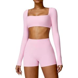 ABOCIW Workout Sets for Women 2 Piece Square Neck Long Sleeve Crop Tops High Waist Biker Shorts Gym Sets Size L