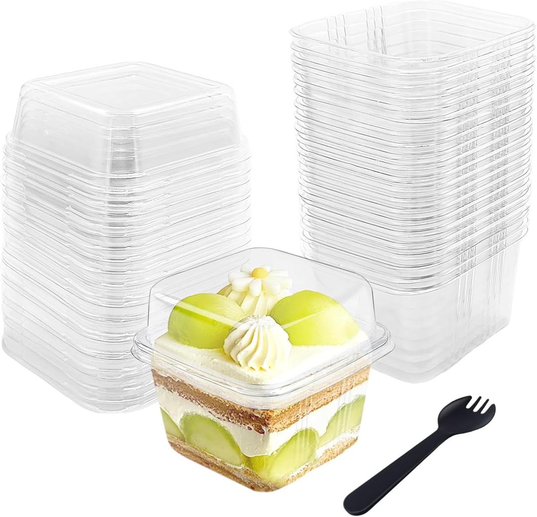 50 Pcs 8 OZ Plastic Dessert Cups with Lids and Spoons, Square Parfait Cups, Disposable Ice Cream Containers for Cupcake, Pudding, Snacks, Yogurt, Parfait Fruits, Mousse