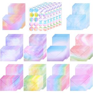 320 Packs Watercolor Stationery Paper and Envelope Set, (100 Double Sided Stationary Writing Papers+100 Matching Envelopes+120 Round Dot Sticker) 10 Design, Pen Pal Supplies (5.5 x 8.25 Inch)
