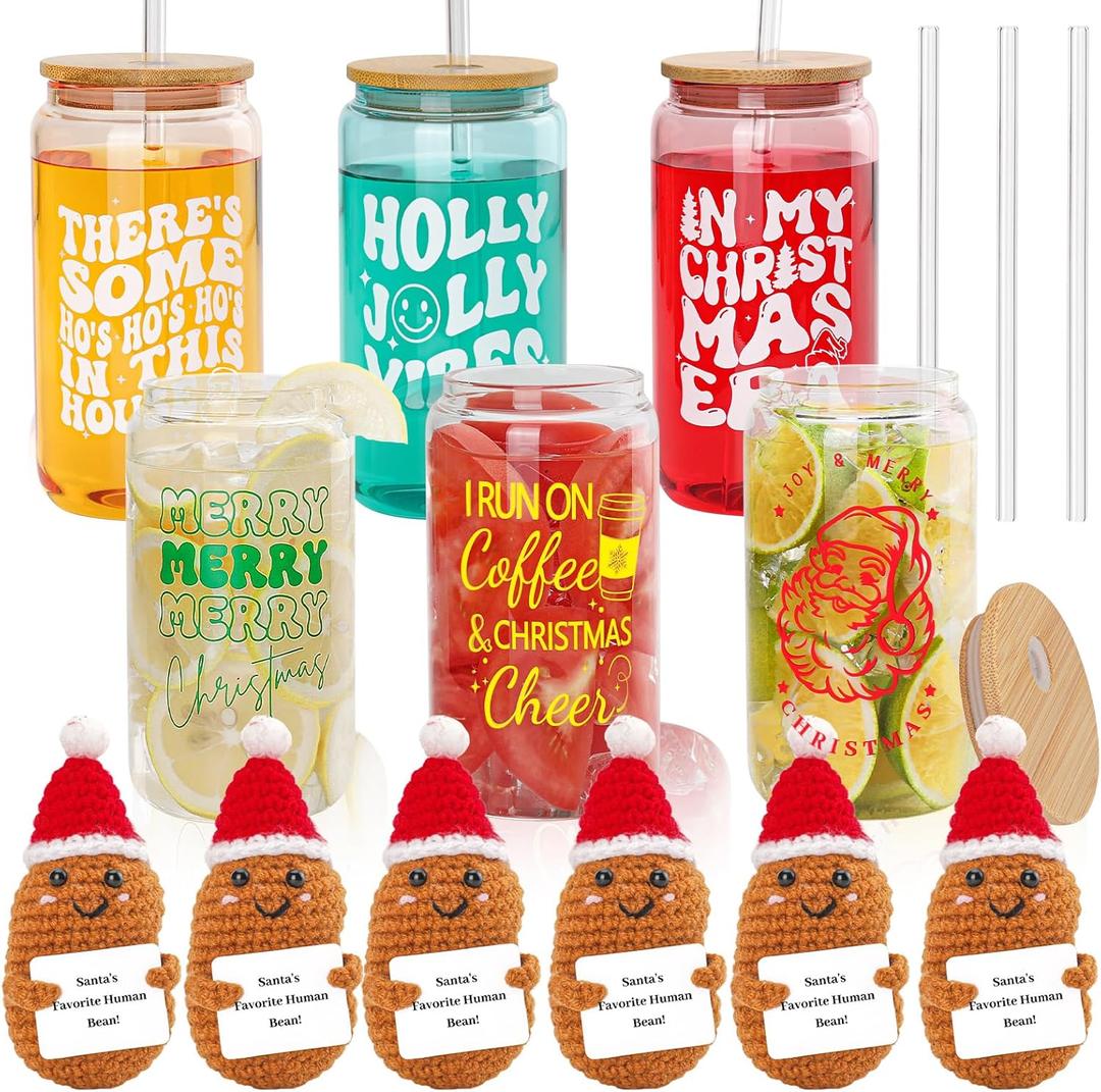 Christmas Gifts Glass Tumbler Set - 16oz Iced Coffee Cups With Funny Positive Knitted Dolls - Christmas Gifts for Women, Men, Friends, Coworkers, Teachers, Nurses (Set of 6)
