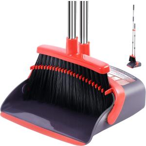 Broom with Dustpan Combo Set Broom and Dustpan Set Dust Pan with Stainless Steel Long Handle, Brooms with 5-Layer Soft Bristles for Sweeping Office Kitchen Home Pet Hair Lobby