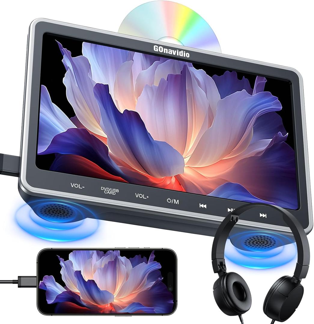 10.1" Car DVD Player with HDMI Input Headphone Mounting Bracket, Headrest DVD Player for Car Support Sync Screen, AV in & Out, Last Memory, Region Free, USB SD Card, No Battery