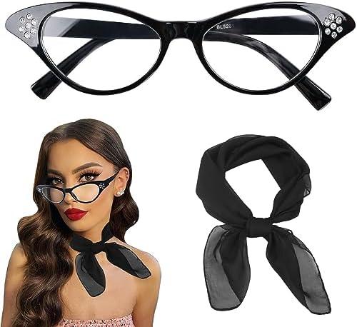 HIYMDOIT 50's Costume Accessories Set for Women 1950s Vintage Chiffon Neck Scarf Rhinestone Cat Eye Glasses for Cosplay Party