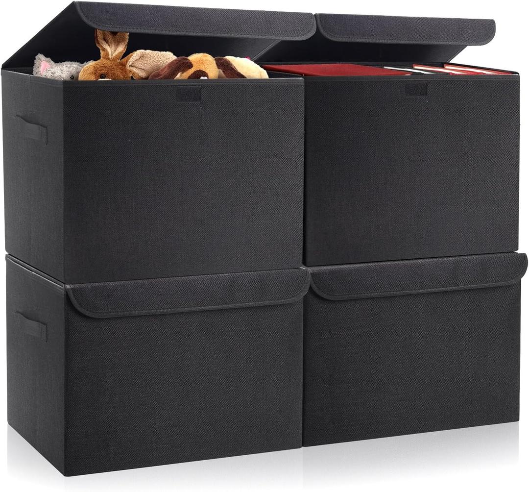 Bagnizer Large 22 Quart Linen Fabric Foldable Storage Bin Cube Organizer Basket with Flip-Top Lid & Handles, Clothes Blanket Box for Home, Office, Closet, Black, 4 Pack 14.6 x 9.5 x 9.5