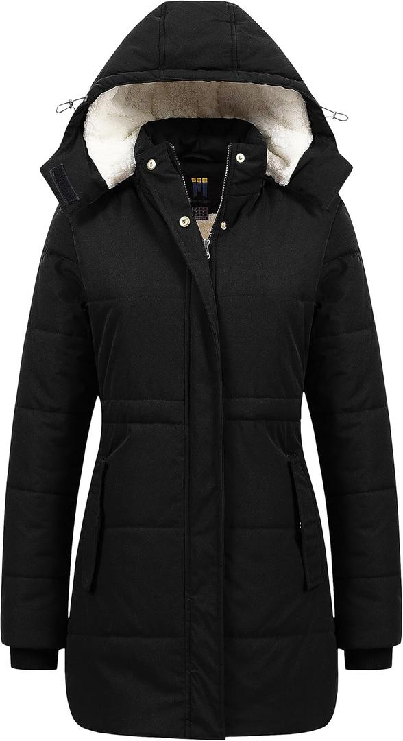 CREATMO US Women's Thicken Sherpa Winter Coat Puffy Warm Snow Jacket With Removable Hood (Large, Black)