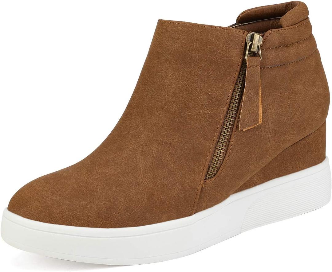 DREAM PAIRS Women's Platform Wedge Sneakers Ankle Booties (5, Tan)
