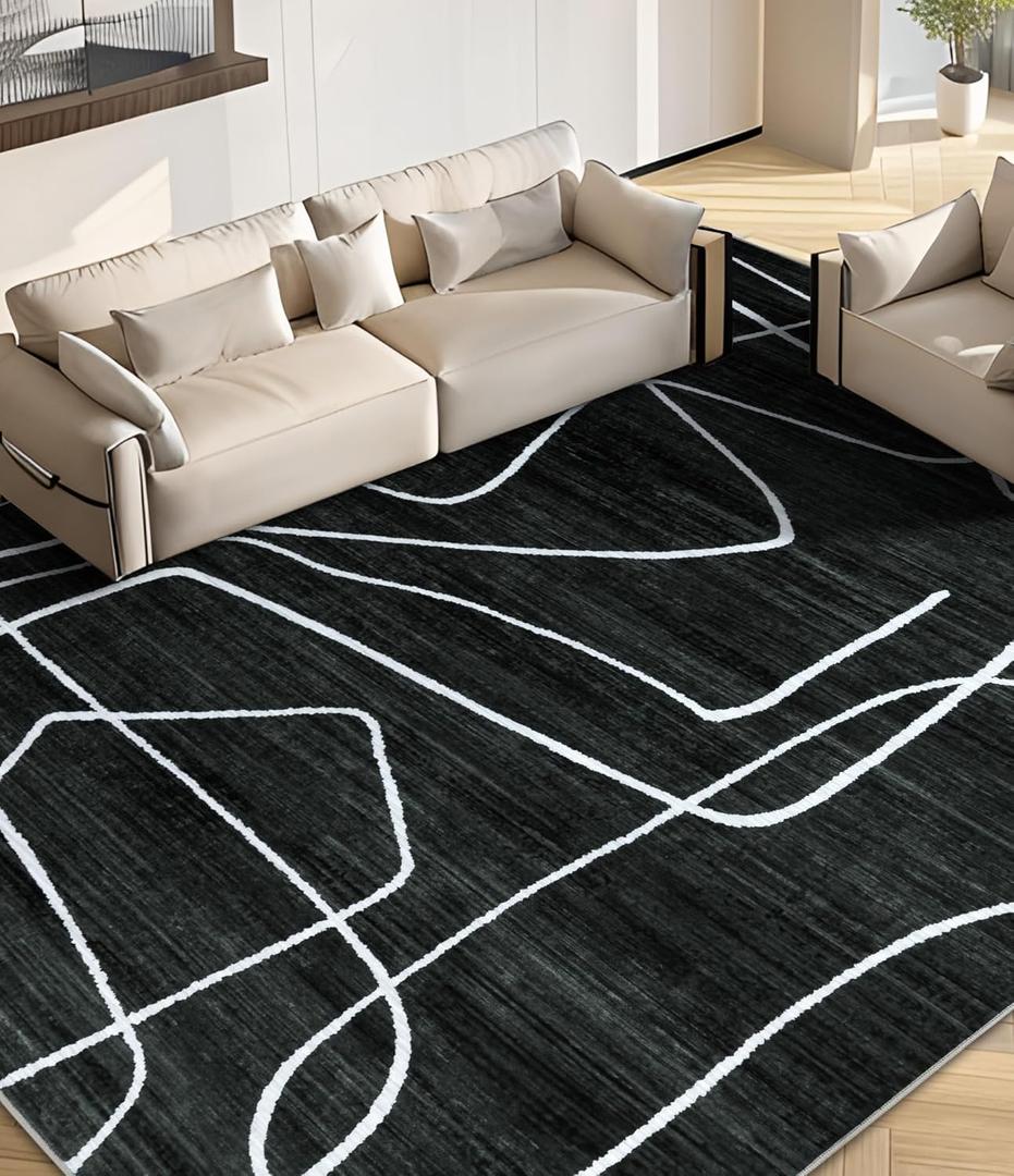 YIHOUSE Washable Area Rug 6'x9'-Abstract Black and White Rug for Living Room Bedroom, Large Modern Non-Slip Ultra-Thin Rug Home Decor,Black Abstract,6x9ft