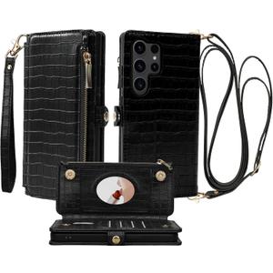 Crossbody Wallet Case for Samsung Galaxy S24 Ultra with Mirror, Wrist Strap, Zipper Purse Magnetic Flip RFID Blocking Card Holder, PU Leather Shockproof 6.8" Women (Black)
