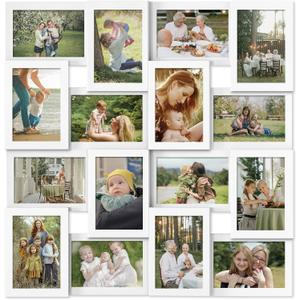J.M.Deco Collage Picture Frames for Wall 16 Opening, Large Photo Frame Collage Wall Hanging for 4x6 Photo, Reunion Friends Family Memory, Christmas Gift -Pure White