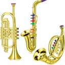 Treela Set of 3 Musical Instruments Saxophone Trumpet and Horn for Beginners 3 Wind and Brass Musical Instruments Combo with Colorful Keys Coded for Boys Girls (Gold)