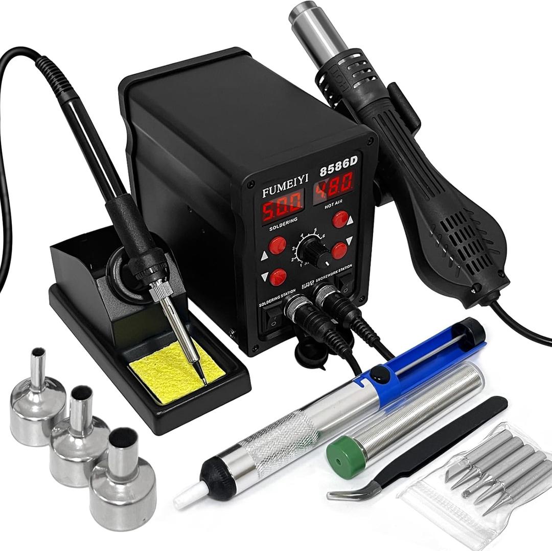 8586D Hot Air Soldering Iron Station Kit 2-IN-1 for Rework, Desoldering with Lead-Free Solder Wire, 5 Soldering Tips, 3 Hot Air Nozzles, Tweezers, Desoldering Pump