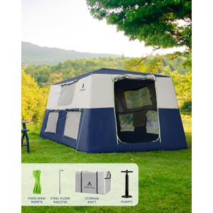 14.1'x6.5'x9' Inflatable Tents for Camping, Portable 6/8/10 Person Blow Up Air Tent, Waterproof Windproof Easy Setup Large Family Tent with 2 Doors, 6 Windows, Mosquito Screen (Navy Blue)