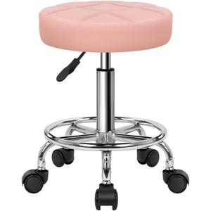 KKTONER Round Rolling Stool Chair PU Leather Height Adjustable Swivel Drafting Work SPA Shop Salon Stools with Wheels Office Chair Small (Pink)