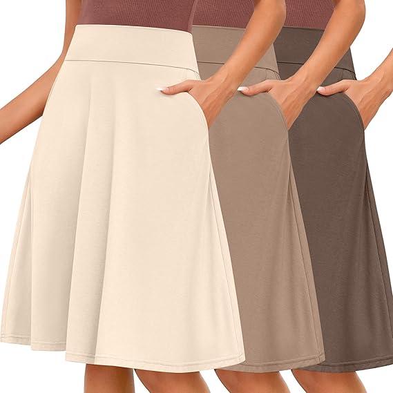 Riyiper 3 Pack Women's Midi Knee Length Skirts, Casual High Waist Flowy Flared a Line Summer Basic Pull-on Skirt with Pocket(Cream, Light Coffee, Brown,Small)