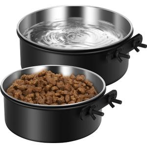 Dog Crate Water Bowl Hanging,2 Pack Stainless Steel Water Food Bowl No Spill for Crate Cage,Kennel Bowls Mountable Coop Cup for Dogs Cats Puppy Rabbit (L(7.1"x2.8"+6.3"x2.6"), Solid Black)