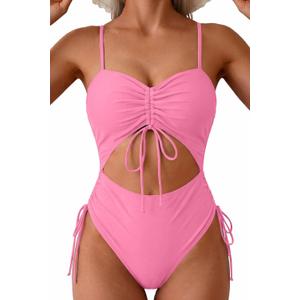 Viottiset Women's Cut Out Drawstring One Piece Swimsuit Cheeky High Cut Bathing Suit (S)