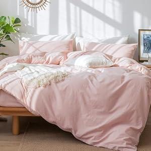 MooMee Bedding Duvet Cover Set 100% Washed Cotton Linen Like Textured Breathable Durable Soft Comfy (Pale Pink, Super King 108"x98")