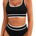 BMJL Women's High Waisted Bikini Sets Sporty Two Piece Swimsuits Color Block Cheeky High Cut Bathing Suits (Medium, Black Ribbed)