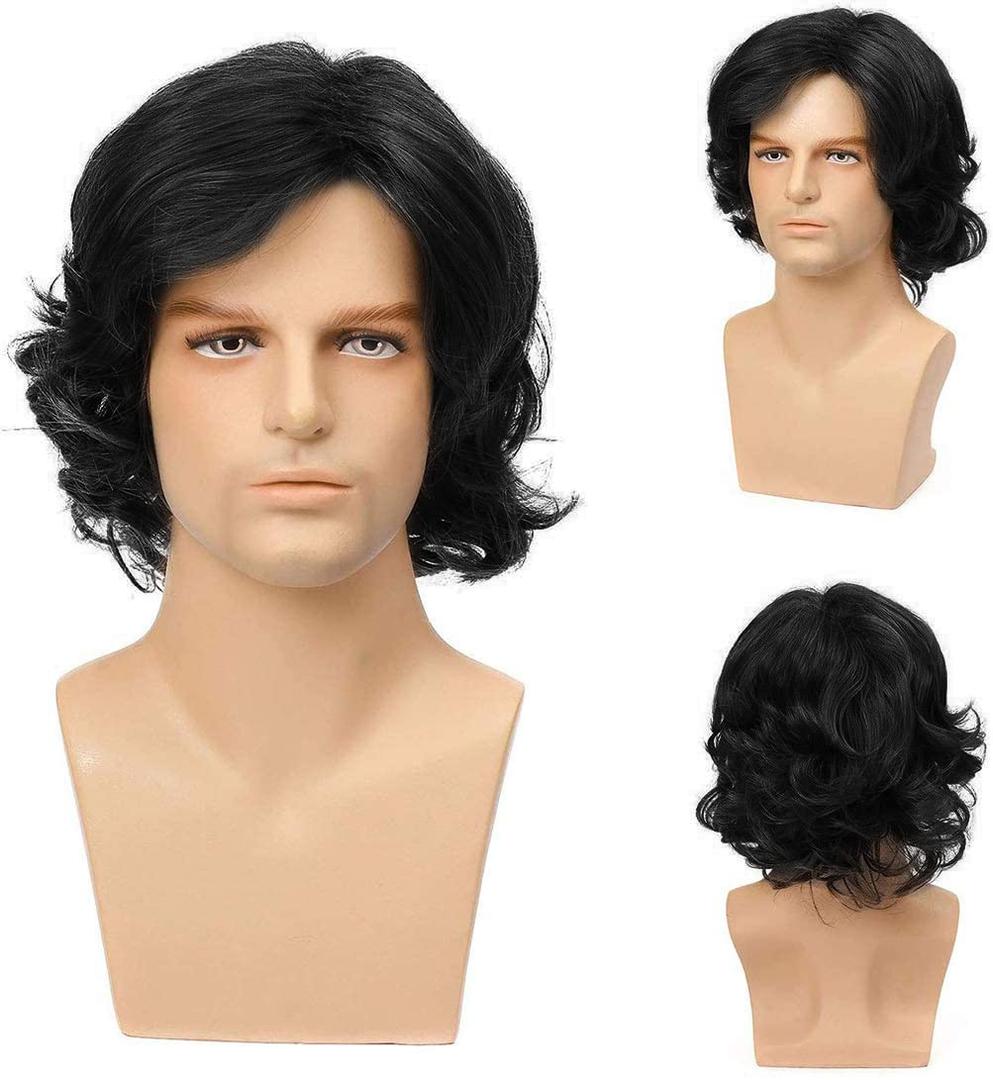 Mens Black Wig Short Layered Curly Wavy Male Wig Synthetic Hair Wigs Heat Resistant Cosplay Halloween Party with Wig Cap