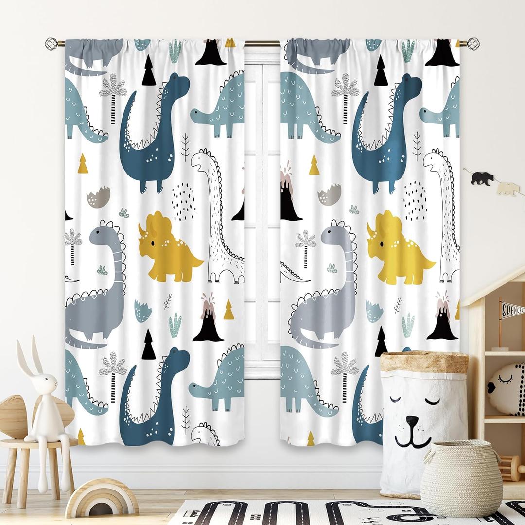 Cinbloo Kids Dinosaur Curtains 42Wx63L Inch Rod Pocket Cartoon Dino Baby Boys Bedroom Decor Nursery Children Cute Navy Blue Safari Animal Art Printed Living Room Playroom Window Drapes Fabric 2 Panel (Dino Green Grey)