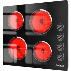 Electric Cooktop 24 Inch - 4 Burner Built-in Electric Stove Top 6000W, Radiant Electrical Stovetop with 9 Heating Level, Knob Control, Auto Shut Off Protection, 220-240V Hard Wired (No Plug)