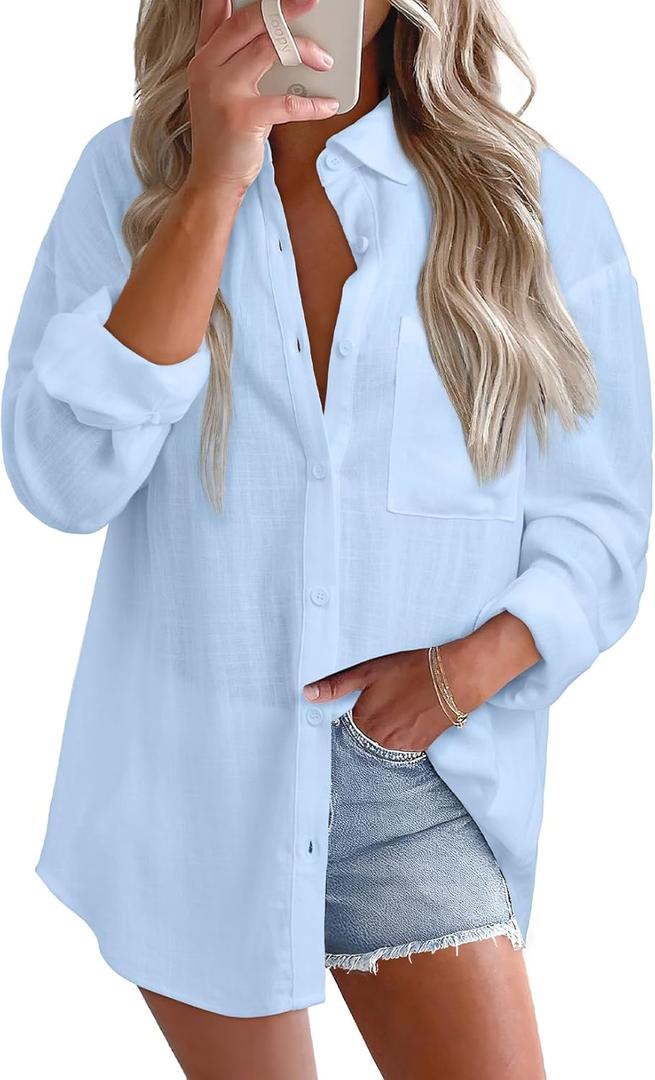 Astylish Women 2026 Loose Fit Tops Cotton Linen Button Down Shirts Collared Roll Up Long Sleeve V Neck Blouses (Medium, Sky Blue)