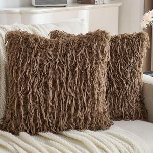 FUTEI Pack of 2 Faux Feather Plush Throw Pillow Covers 26x26 Inch Soft Fluffy Solid Farmhouse Decorative Euro Pillow Shams Modern Luxury Accent for Couch Bed Living Room, Brown
