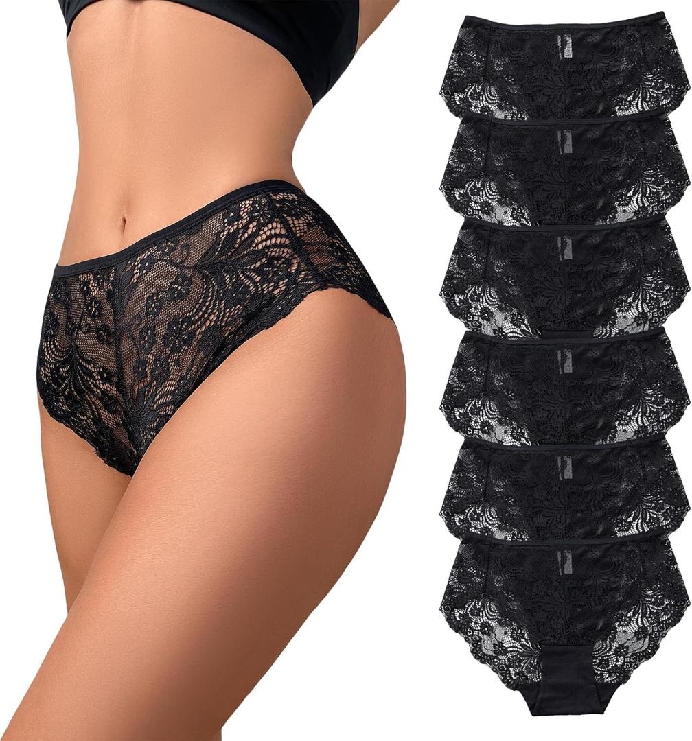 High Waisted Underwear for Women Lace Briefs Curvy Silky French Cut Panties Multipack (X-Large, 6pcs-black*6)