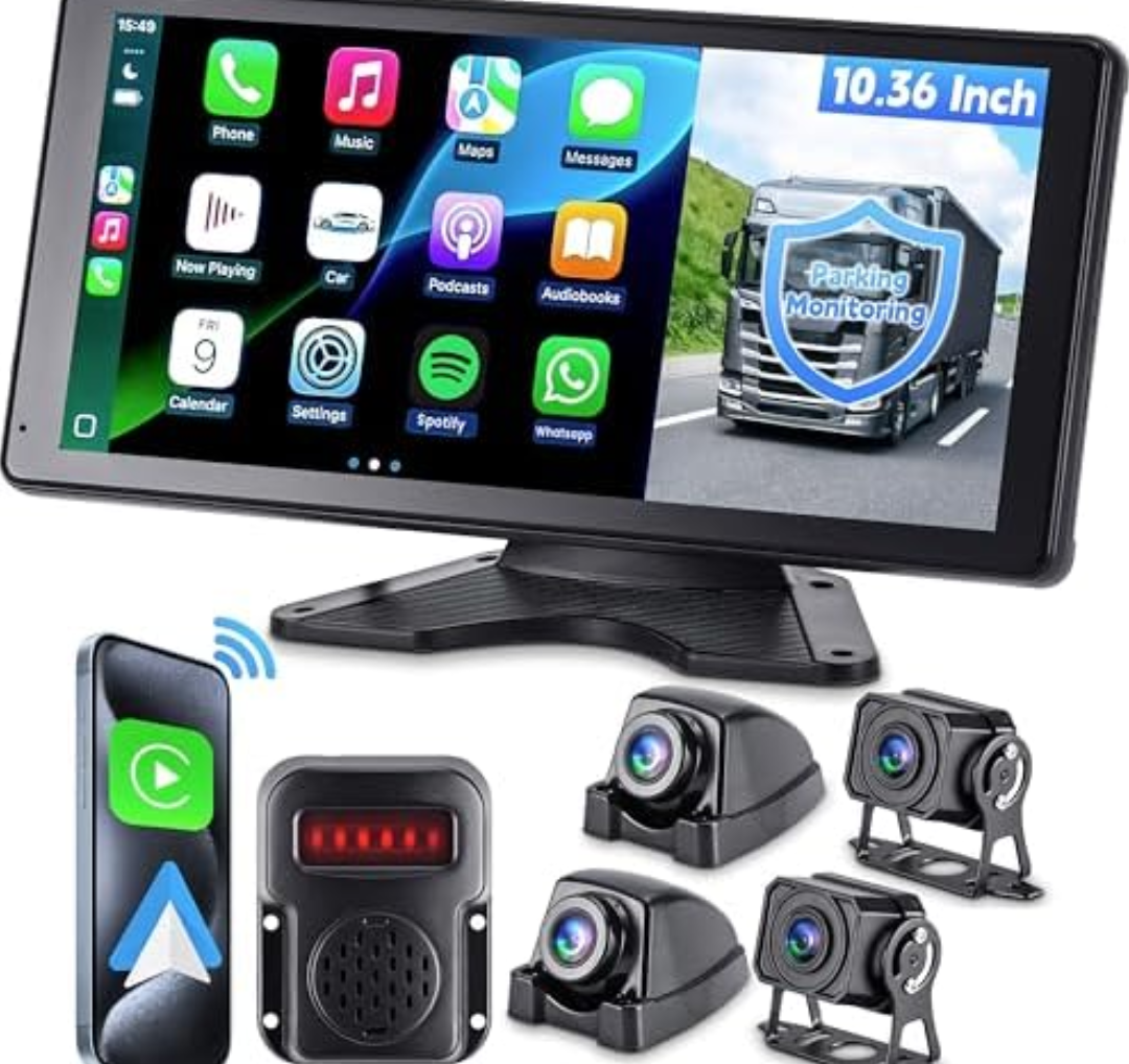 RV Camera System with CarPlay & Android Auto, 10.36'' Monitor with Blind Spot Detection/Parking Monitoring/Voice Control/DVR/Navigation, 4 1080P Backup Camera System for Semi Truck Trailer Camper