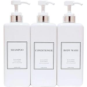 Modern Design Large 27 oz Shampoo and Conditioner Dispensers - Empty Plastic Refillable Pump Bottle Set for Bathroom Shower Soap Dispenser, Gift Box Included, Set of 3, (White & Silver)
