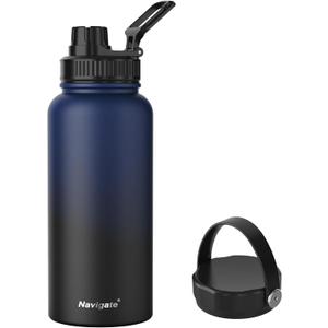 Navigate 32 oz Stainless Steel Insulated Water Bottle,Double Walled Leak Proof Keep Cold for 24 Hrs Hot for 12 Hrs,Wide Mouth Water Jug with Spout & Handle Lids,Blue to Black
