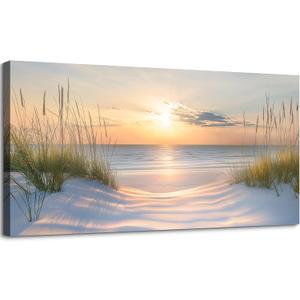 SLYCAY Oversized Large Beach Sunset Canvas Wall Art Print, Coastal Wall Decor Modern Seashore Grass Dunes Nature Seascape Painting Ocean Artwork Bathroom Living Room Office Bedroom 29"X58", 58"L x 30"W