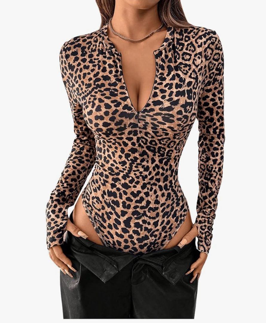 Milumia Women's Leopard Print Zipper Front Long Sleeve Bodysuit Y2k Leotard Tops Size Large  No Tag