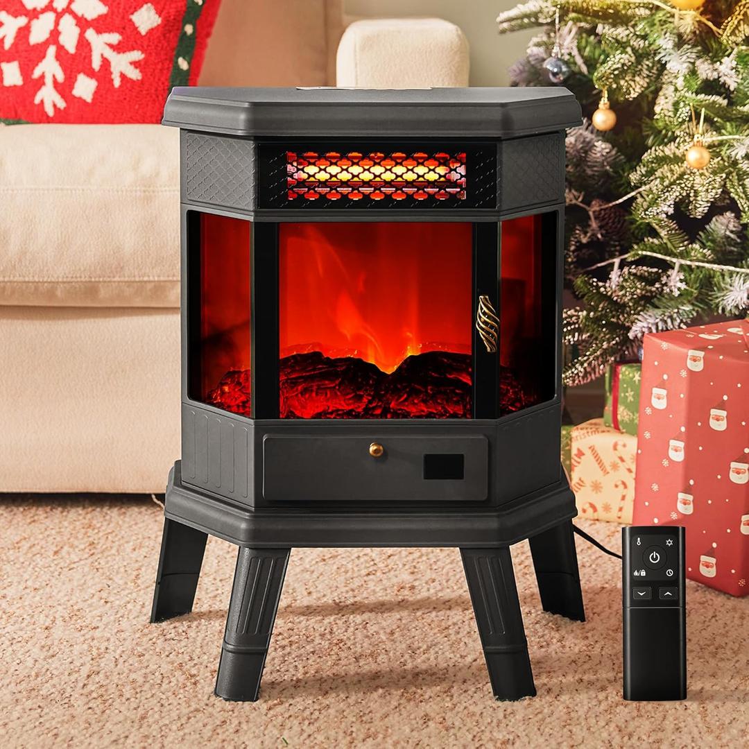 Electric Fireplace Heater 22 in Freestanding Fireplace Stove Infrared Fireplace RealSmart with 3D Flame Effect Remote Control, Timer, Overheating Protection Heater for Indoor Use Black