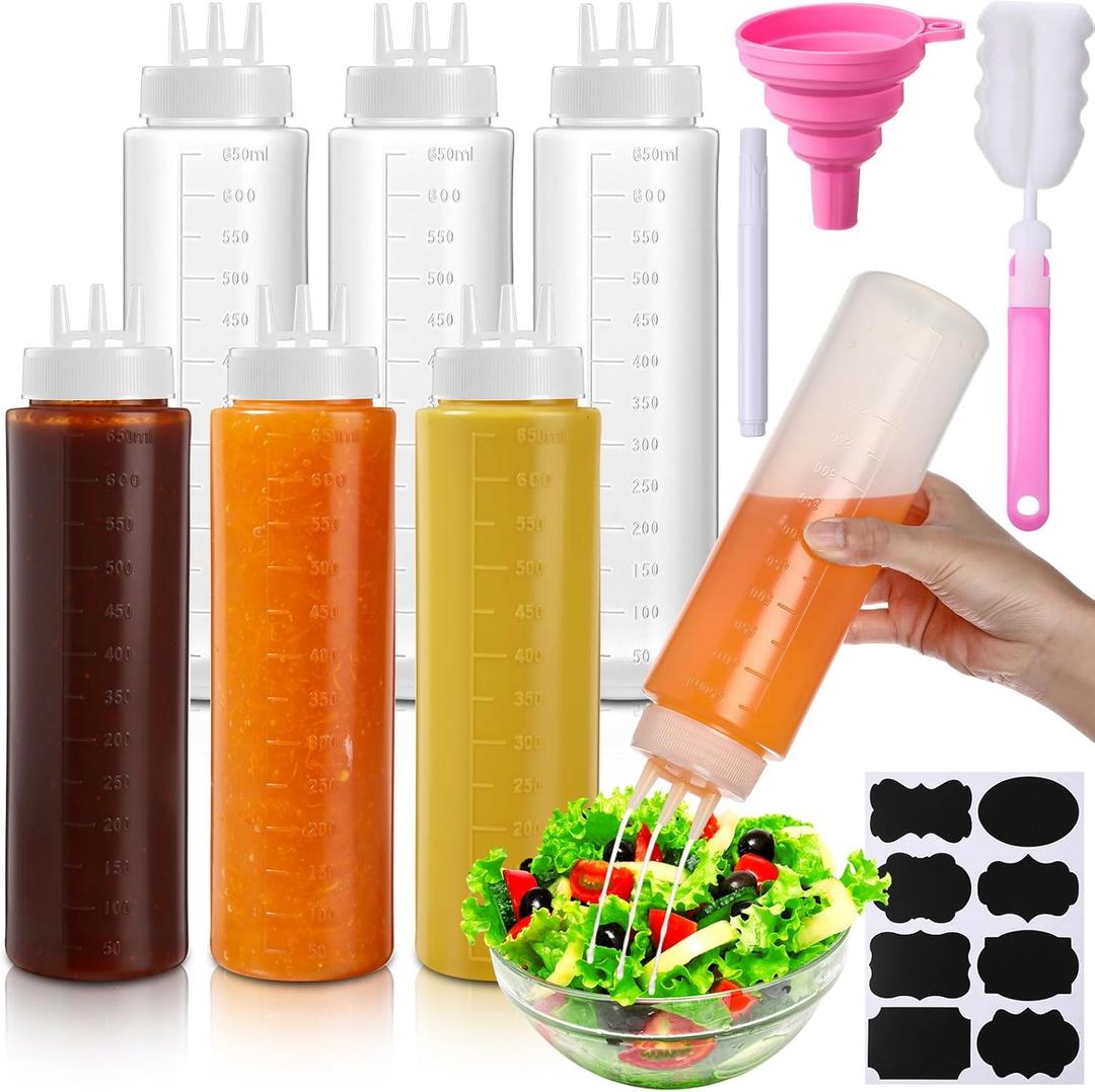 LemonRoad 6 Pcs 3 Hole Squeeze Bottles for Sauces Plastic Condiment Squeeze Bottles Tomato Sauce Ketchup Dispensers Salad Dressing Container Squirt for Oil BBQ Paint Pancake Craft(22 Oz/ 650 ml)