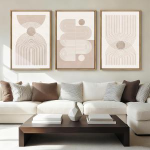 Anyzal Large Boho Framed Wall Art 16x24 Inch Beige Neutral Minimalist Canvas Pink Abstract Modern Geometric Artwork for Living Room Bedroom Dining room Set of 3